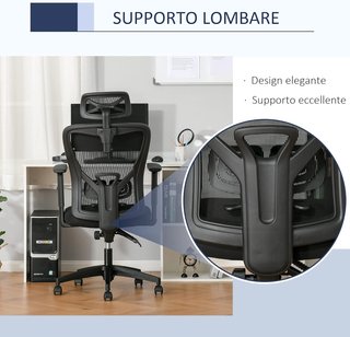 Silla de Oficina Ergonómica Giratoria, Altura Ajustable, Soporte Lumbar y Reposacabezas, 66X61X100-109.5Cm Negro