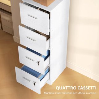 Archivador De Oficina Con 4 Cajones, Cajonera De Oficina Con Cerradura Y Llaves para Carta/Formato A4, Armario Vertical Para Casa, 40X42X131 Cm, Blanco