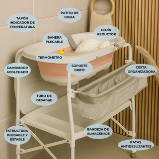 Bañera Bebé Plegable 5 en 1 con Soporte, Rosa Pro
