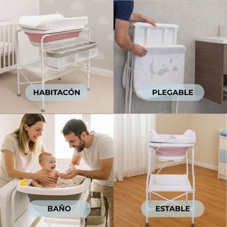 Bañera Bebé Plegable 5 en 1 con Soporte, Rosa Pro