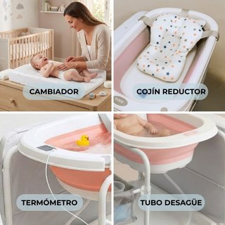 Bañera Bebé Plegable 5 en 1 con Soporte, Rosa Pro