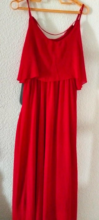 Vestido fiesta gasa vuelo largo tirantes con forro