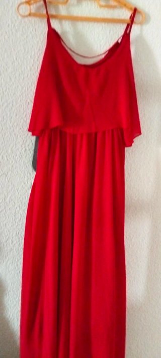 Vestido fiesta gasa vuelo largo tirantes con forro