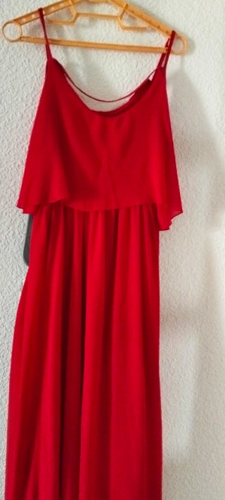 Vestido fiesta gasa vuelo largo tirantes con forro