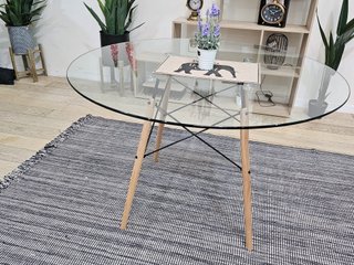 Mesa redonda de cristal 120cm + 4 sillas negras