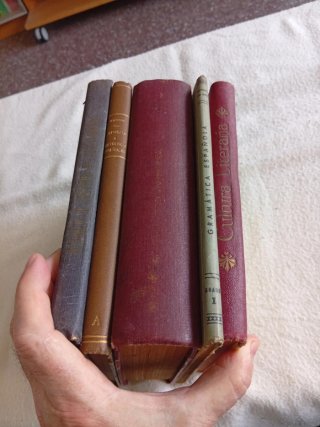 Cinco libros de lengua y literatura antiguos.