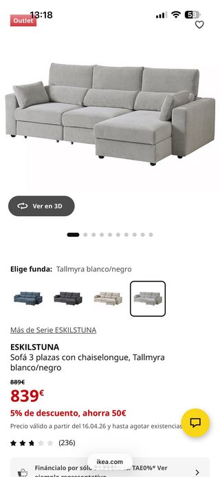 Sofá ESKILSTUNA Ikea gris con chaiselongue