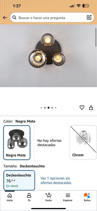 Lámpara Techo TRIO DIVA Negra.