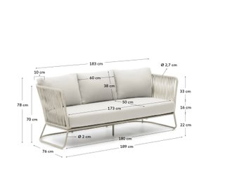 Sofá de exterior Saconca de 3 plazas en cuerda y acero galvanizado gris, 189 cm