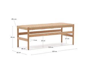 Banco Zaide de madera maciza de roble con acabado natural asiento de cuerda 120cm FSC100%