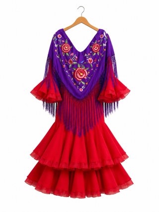 Traje de flamenca rojo y manton morado
