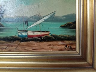 Pintura al óleo de barco en el mar