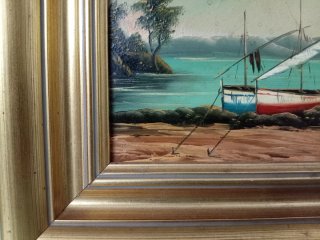 Pintura al óleo de barco en el mar
