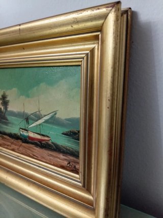 Pintura al óleo de barco en el mar