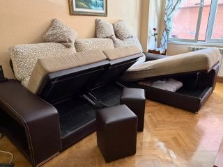 Sofá Chaise longue + Sillón Beige/Marrón