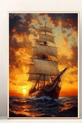 Stampa su tela Galeone al tramonto con telaio legn