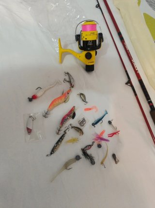 Caña de pescar, carrete y accesorios