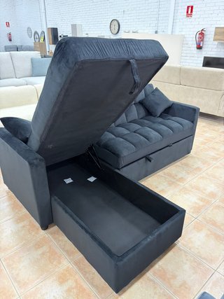 Sofá Cama Chaise Longue Reversible Negro + arcón