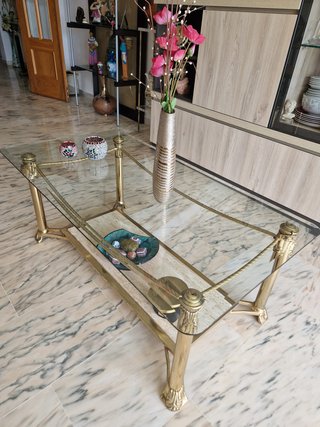 Mesa de centro cristal y metal con travertino