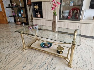 Mesa de centro cristal y metal con travertino