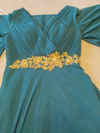 Vestido largo fiesta mujer dorado y verde azulado