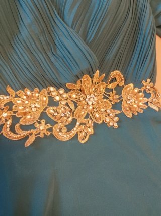 Vestido largo fiesta mujer dorado y verde azulado