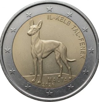 Moneda 2 Euros Malta 2026 Perro Faraónico maltés