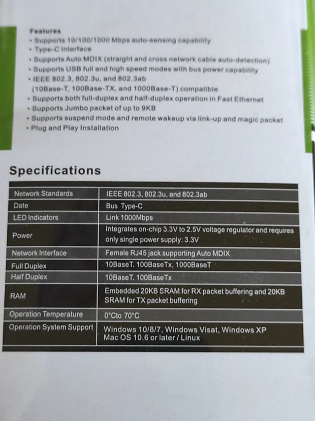 Adaptador usb tipo C a Ethernet 10/100/1000 Mbps