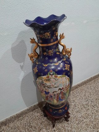 Jarrón Chino Porcelana Azul y Dorado