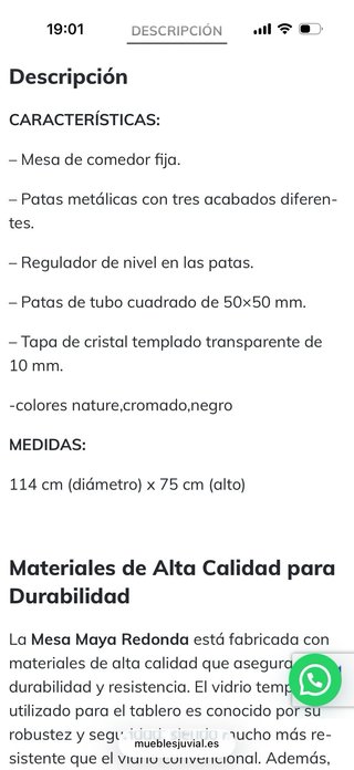 Mesa redonda cristal 114 cm patas negras de metal