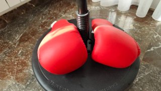 Bola de boxeo con guantes rojos