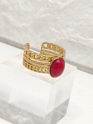 Anillo Acero Quirúrgico Baño Oro Piedra Roja