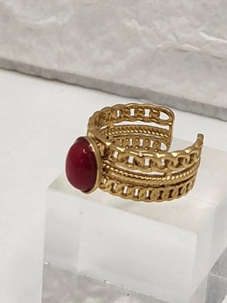 Anillo Acero Quirúrgico Baño Oro Piedra Roja