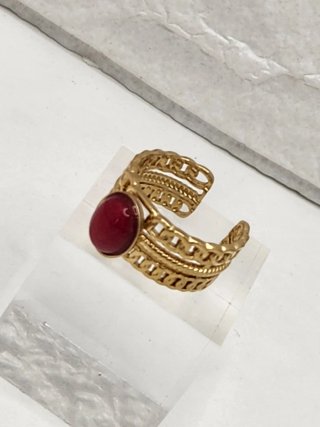 Anillo Acero Quirúrgico Baño Oro Piedra Roja