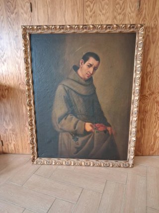Gran óleo sobre lienzo de temática religiosa con m