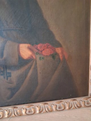 Gran óleo sobre lienzo de temática religiosa con m
