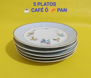 5 Platos Limoges Florales Azules y Blancos