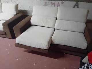 Juego 2 sofás tela marrón y blanco
