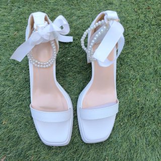 Sandalias Blancas Tacón Plataforma Perlas