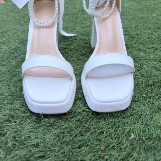 Sandalias Blancas Tacón Plataforma Perlas
