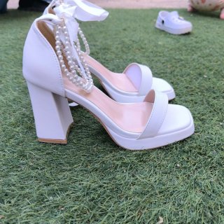 Sandalias Blancas Tacón Plataforma Perlas