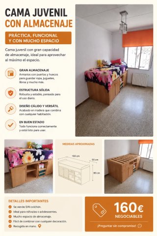 Cama juvenil con almacenaje 90x180