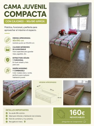 Cama juvenil compacta con cajones 90x190