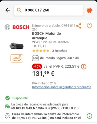 Motor de arranque Bosch ref. 0 986 017 260.