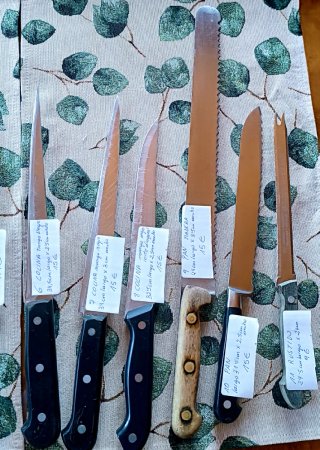 Cuchillos cocina, jamón, salmón, pan, asados desde