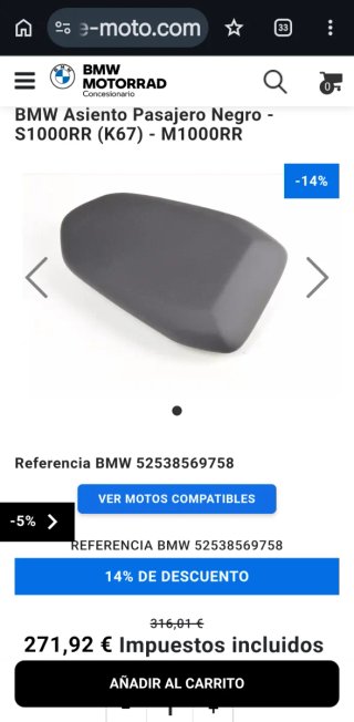 Asiento Pasajero BMW S1000RR (K67) Negro