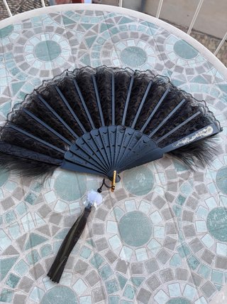 Abanico negro con plumas y detalles dorados