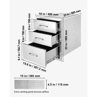Cajones de BBQ de Acero Inoxidable de Acceso Triple para Cocina Exterior de 18x23 Pulgadas con Mango de Cromo, 18 x23 x 23 Pulgadas