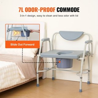 Silla Commode, Commode de Cama con Brazos Plegables y Respaldo Desmontable, Altura Ajustable en 5 Niveles, Cubo Removible de 7L, Fácil de Montar, Capacidad de 1000LBS, Inodoro Portátil para Adulto...