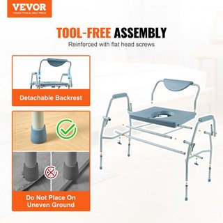 Silla Commode, Commode de Cama con Brazos Plegables y Respaldo Desmontable, Altura Ajustable en 5 Niveles, Cubo Removible de 7L, Fácil de Montar, Capacidad de 1000LBS, Inodoro Portátil para Adulto...